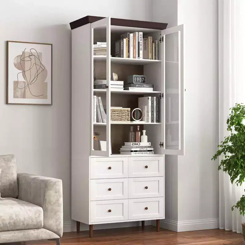 MAYEERTY Mobile Contenitore Bianco in MDF Vetrina con Ante in Vetro Ripiani Regolabili Credenza Autoportante per Cucina Soggiorno
