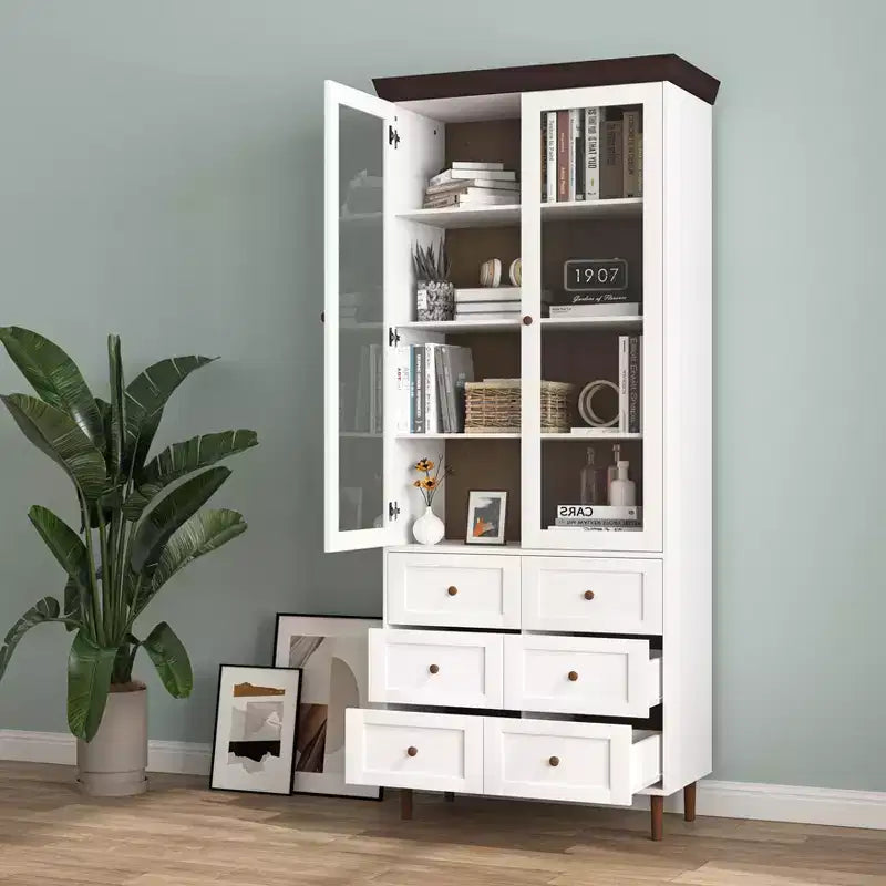 MAYEERTY Mobile Contenitore Bianco in MDF Vetrina con Ante in Vetro Ripiani Regolabili Credenza Autoportante per Cucina Soggiorno