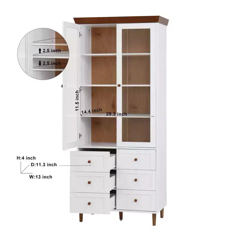 MAYEERTY Mobile Contenitore Bianco in MDF Vetrina con Ante in Vetro Ripiani Regolabili Credenza Autoportante per Cucina Soggiorno