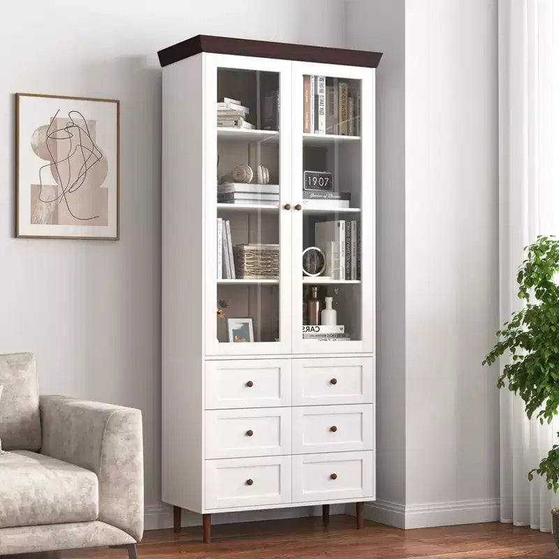 MAYEERTY Mobile Contenitore Bianco in MDF Vetrina con Ante in Vetro Ripiani Regolabili Credenza Autoportante per Cucina Soggiorno
