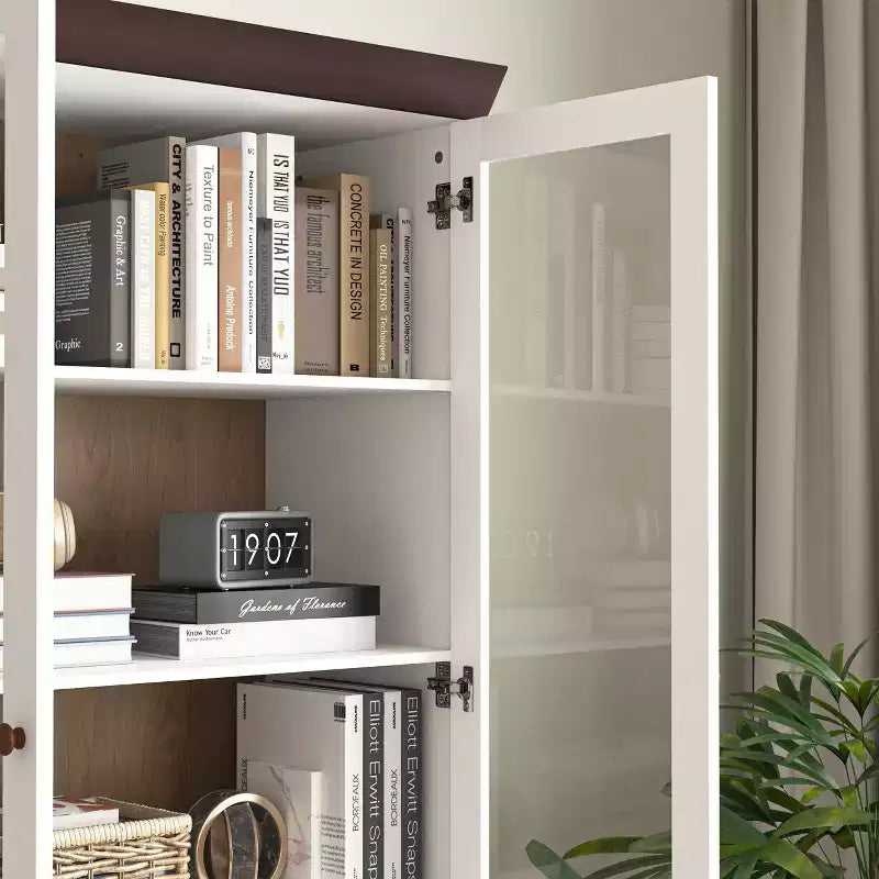 MAYEERTY Mobile Contenitore Bianco in MDF Vetrina con Ante in Vetro Ripiani Regolabili Credenza Autoportante per Cucina Soggiorno