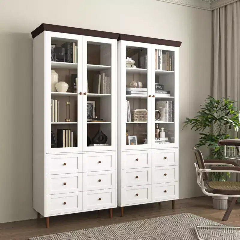 MAYEERTY Mobile Contenitore Bianco in MDF Vetrina con Ante in Vetro Ripiani Regolabili Credenza Autoportante per Cucina Soggiorno