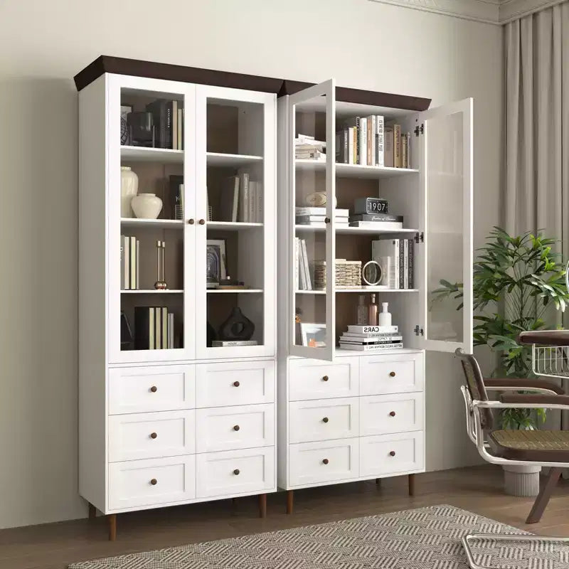 MAYEERTY Mobile Contenitore Bianco in MDF Vetrina con Ante in Vetro Ripiani Regolabili Credenza Autoportante per Cucina Soggiorno