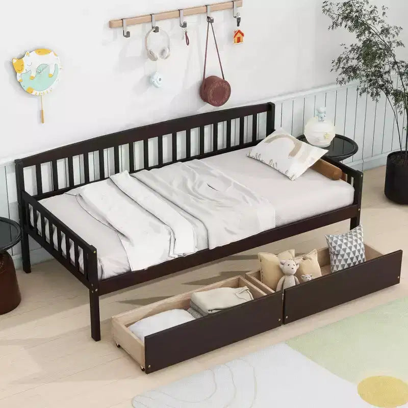 MAYEERTY Letto Divano in Legno di Pino con Due Cassetti Contenitore, 10 Doghe di Supporto, Marrone