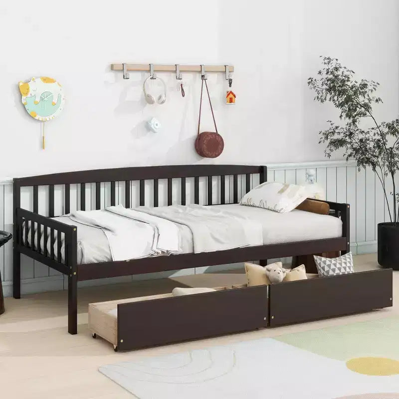 MAYEERTY Letto Divano in Legno di Pino con Due Cassetti Contenitore, 10 Doghe di Supporto, Marrone