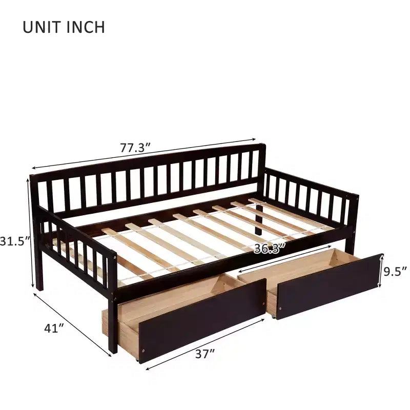 MAYEERTY Letto Divano in Legno di Pino con Due Cassetti Contenitore, 10 Doghe di Supporto, Marrone