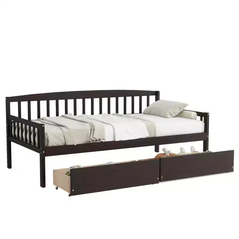 MAYEERTY Letto Divano in Legno di Pino con Due Cassetti Contenitore, 10 Doghe di Supporto, Marrone