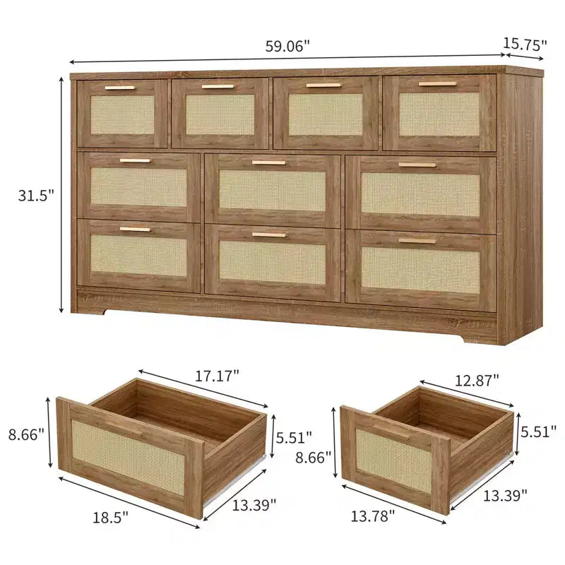 Comò a 10 cassetti per camera da letto, cassettiera coloniale in rattan con maniglie, mobile contenitore indipendente in legno per soggiorno, armadio, ingresso
