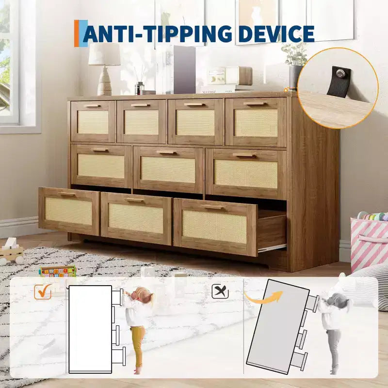 Comò a 10 cassetti per camera da letto, cassettiera coloniale in rattan con maniglie, mobile contenitore indipendente in legno per soggiorno, armadio, ingresso