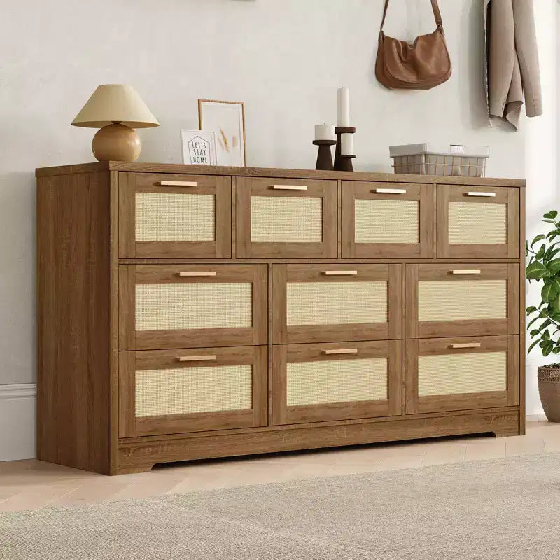 Comò a 10 cassetti per camera da letto, cassettiera coloniale in rattan con maniglie, mobile contenitore indipendente in legno per soggiorno, armadio, ingresso