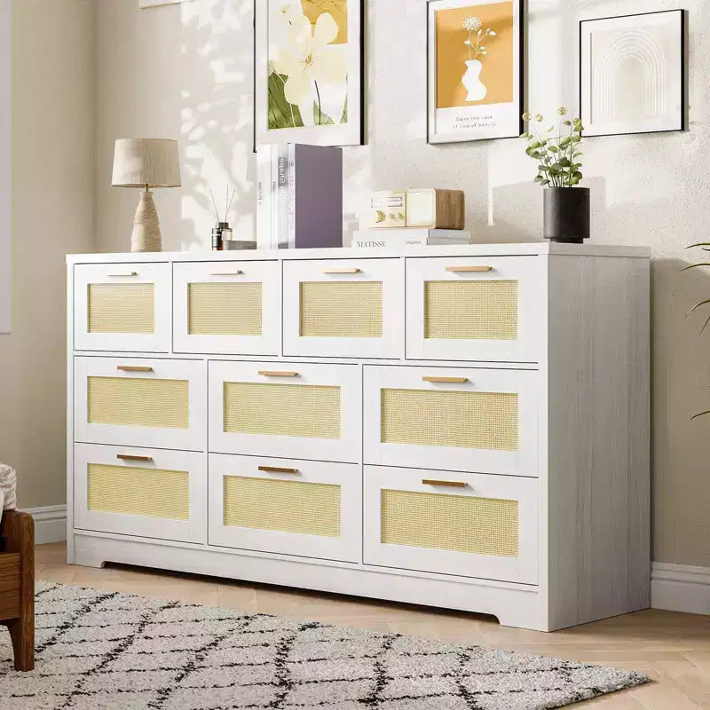 Comò a 10 cassetti per camera da letto, cassettiera coloniale in rattan con maniglie, mobile contenitore indipendente in legno per soggiorno, armadio, ingresso