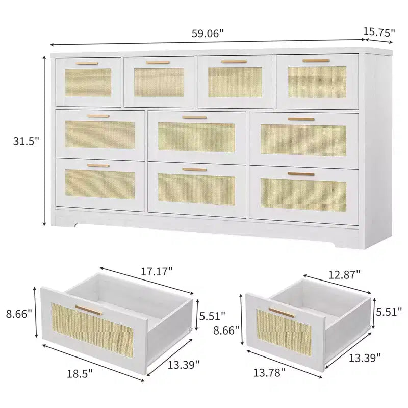 Comò a 10 cassetti per camera da letto, cassettiera coloniale in rattan con maniglie, mobile contenitore indipendente in legno per soggiorno, armadio, ingresso