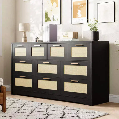 10-Drawer Dresser for Bedroom, Rattan Farmhouse Chest with Handles, Freestanding Wooden Storage Cabinet for Living Room, Closet, Entryway