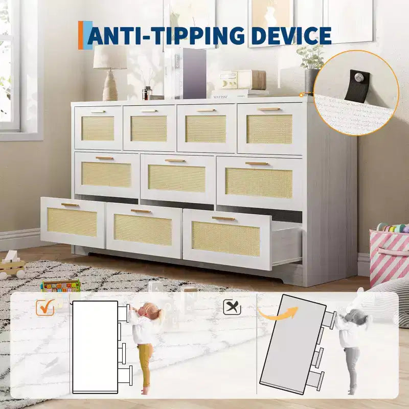 Comò a 10 cassetti per camera da letto, cassettiera coloniale in rattan con maniglie, mobile contenitore indipendente in legno per soggiorno, armadio, ingresso