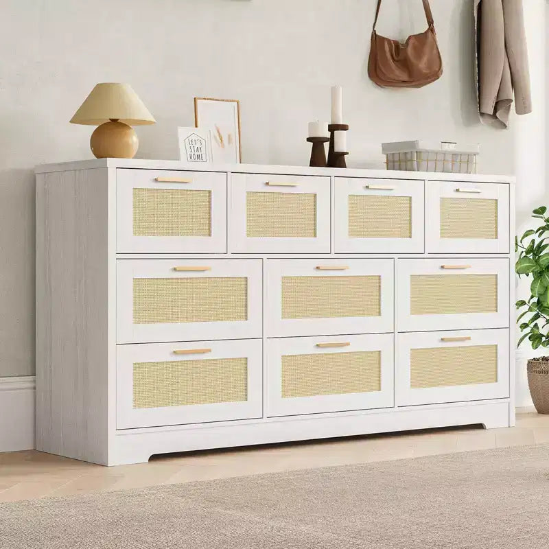 Comò a 10 cassetti per camera da letto, cassettiera coloniale in rattan con maniglie, mobile contenitore indipendente in legno per soggiorno, armadio, ingresso