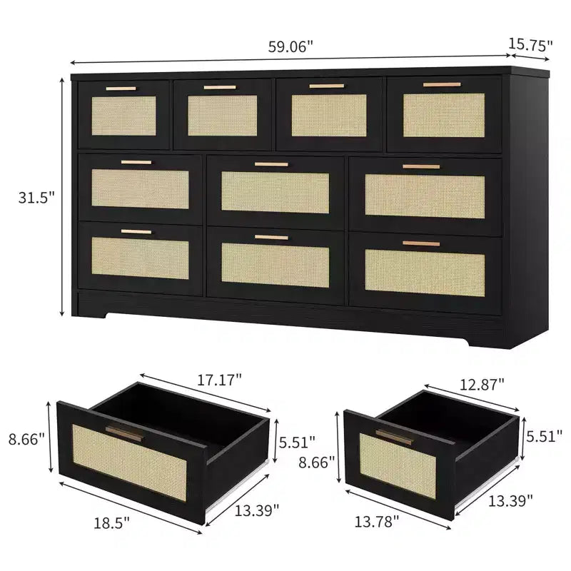 Comò a 10 cassetti per camera da letto, cassettiera coloniale in rattan con maniglie, mobile contenitore indipendente in legno per soggiorno, armadio, ingresso