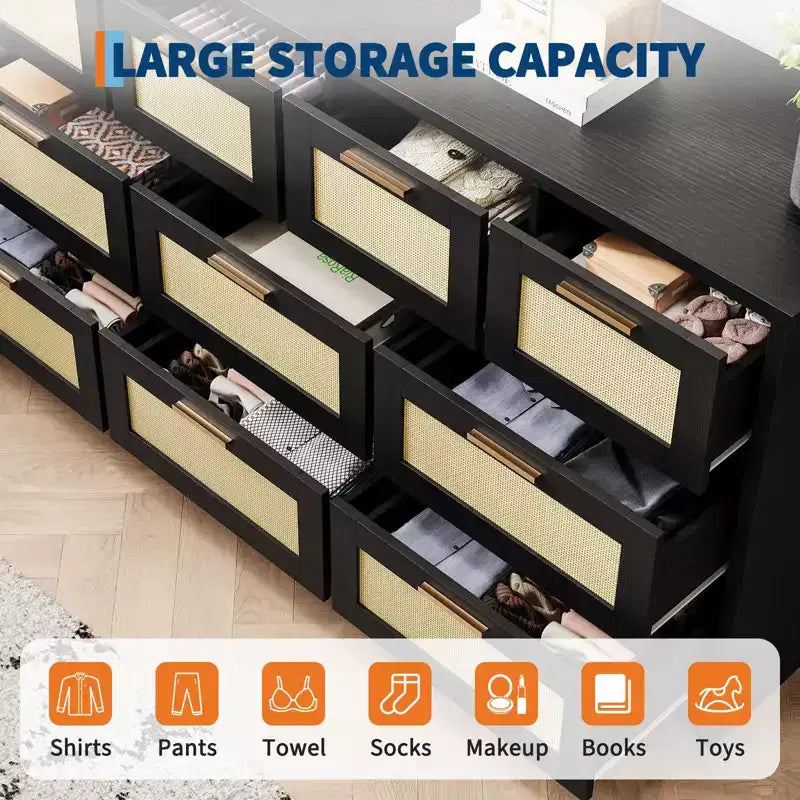 Comò a 10 cassetti per camera da letto, cassettiera coloniale in rattan con maniglie, mobile contenitore indipendente in legno per soggiorno, armadio, ingresso