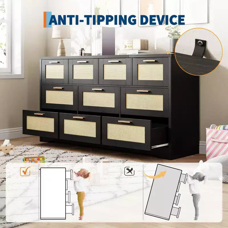 Comò a 10 cassetti per camera da letto, cassettiera coloniale in rattan con maniglie, mobile contenitore indipendente in legno per soggiorno, armadio, ingresso