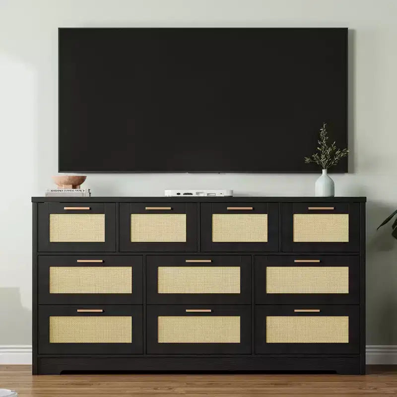 Comò a 10 cassetti per camera da letto, cassettiera coloniale in rattan con maniglie, mobile contenitore indipendente in legno per soggiorno, armadio, ingresso