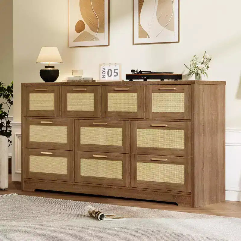 Comò a 10 cassetti per camera da letto, cassettiera coloniale in rattan con maniglie, mobile contenitore indipendente in legno per soggiorno, armadio, ingresso