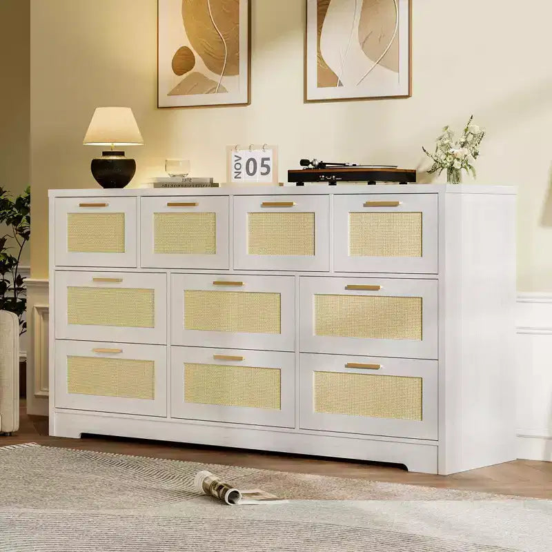 Comò a 10 cassetti per camera da letto, cassettiera coloniale in rattan con maniglie, mobile contenitore indipendente in legno per soggiorno, armadio, ingresso