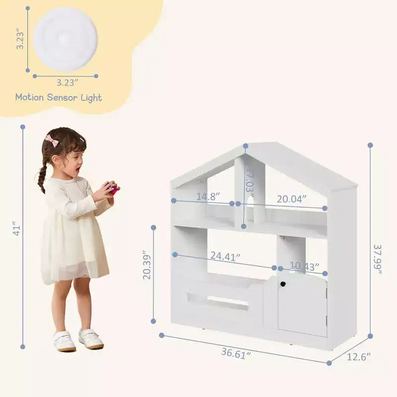 Libreria a 3 Livelli per Bambini, Organizzatore Porta Giocattoli con Luce con Sensore di Movimento, Scaffale in Legno per Libri, Porta Libri per Camerette, Aule, Sala Giochi