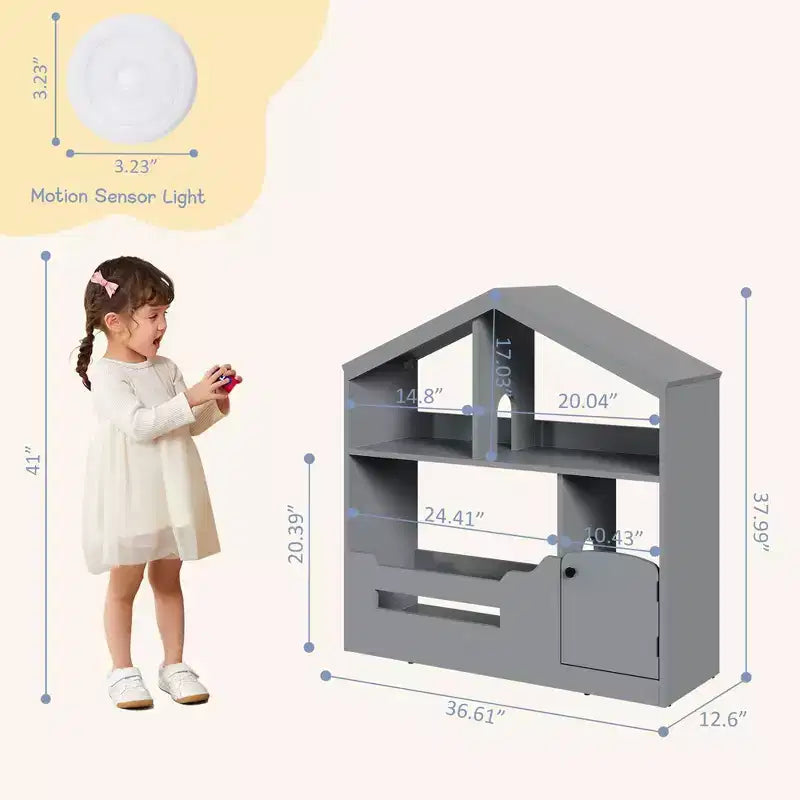 Libreria a 3 Livelli per Bambini, Organizzatore Porta Giocattoli con Luce con Sensore di Movimento, Scaffale in Legno per Libri, Porta Libri per Camerette, Aule, Sala Giochi