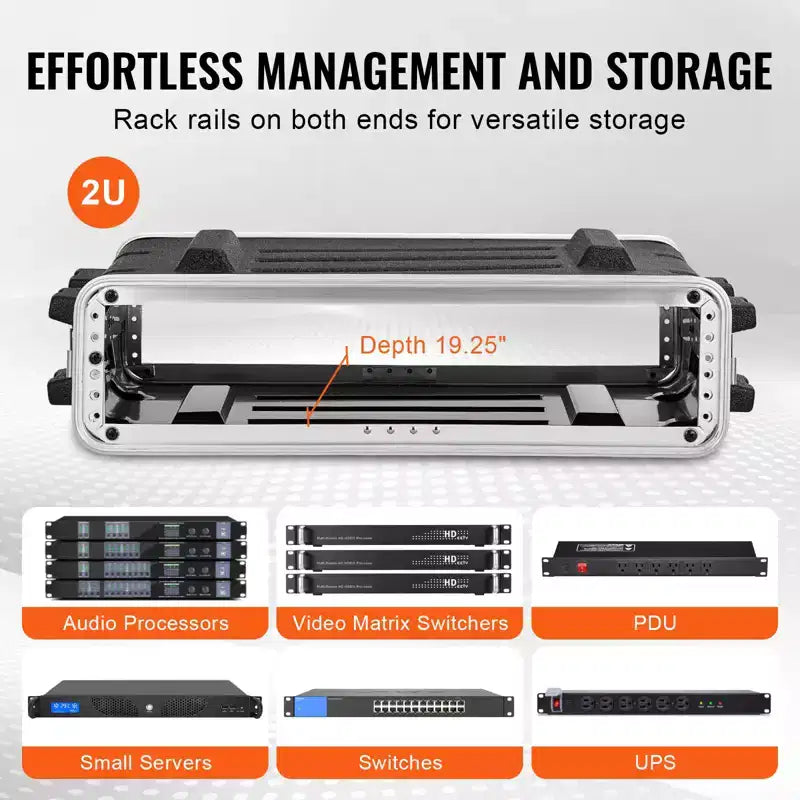 VEVOR Flight Case 2U, Profondità Standard 19 Pollici, Rack Server con Maniglia in ABS e Chiusure a Farfalla Heavy-Duty, Nero