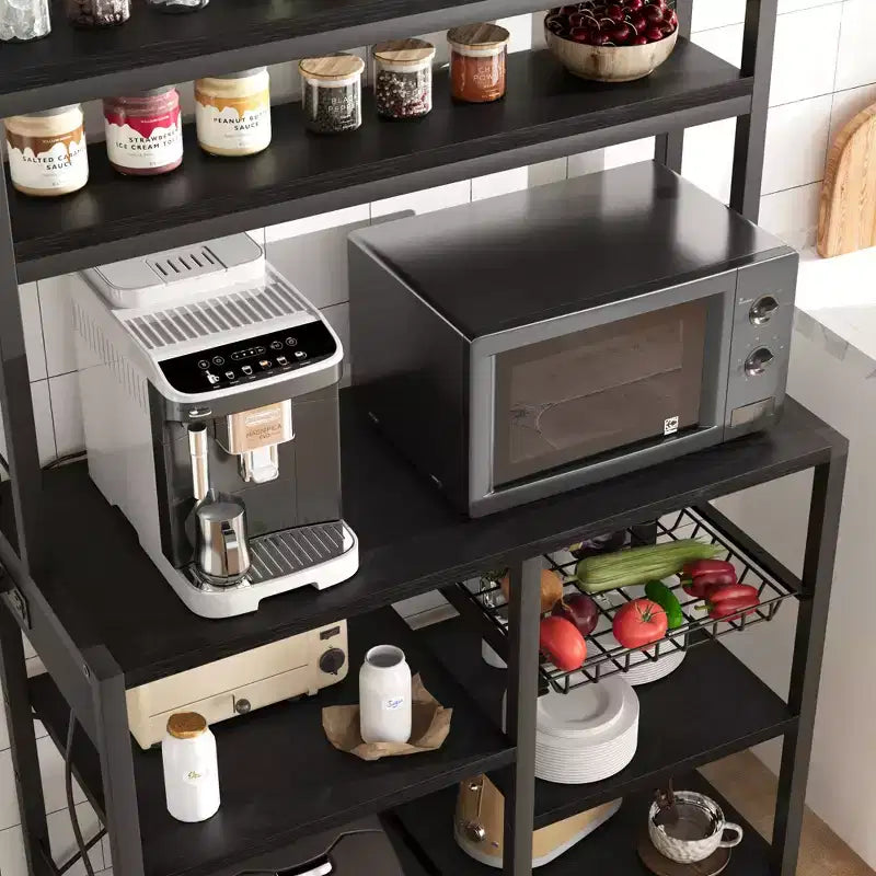 COZONY Scaffale da Forno a 5 Ripiani con Cesto in Filo, Supporto per Microonde con Prese di Corrente e Scaffali aperti per Cucina