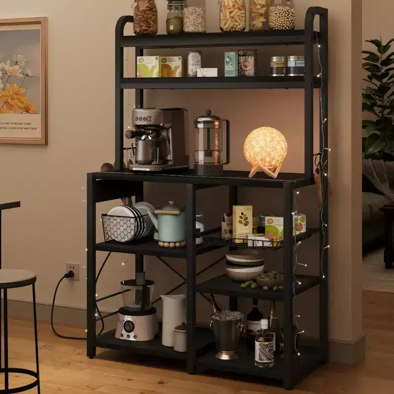 COZONY Scaffale da Forno a 5 Ripiani con Cesto in Filo, Supporto per Microonde con Prese di Corrente e Scaffali aperti per Cucina