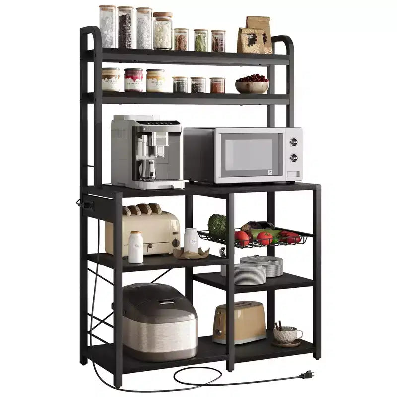 COZONY Scaffale da Forno a 5 Ripiani con Cesto in Filo, Supporto per Microonde con Prese di Corrente e Scaffali aperti per Cucina