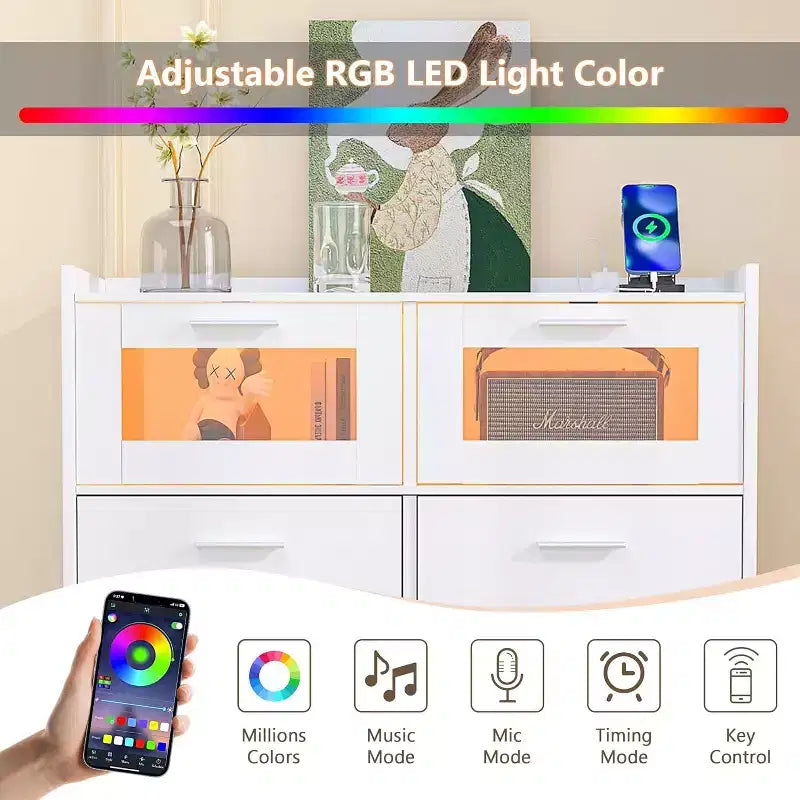 VECELO Cassettiera Bianca Alta Moderna da Trucco con Luci a LED e Stazione di Ricarica