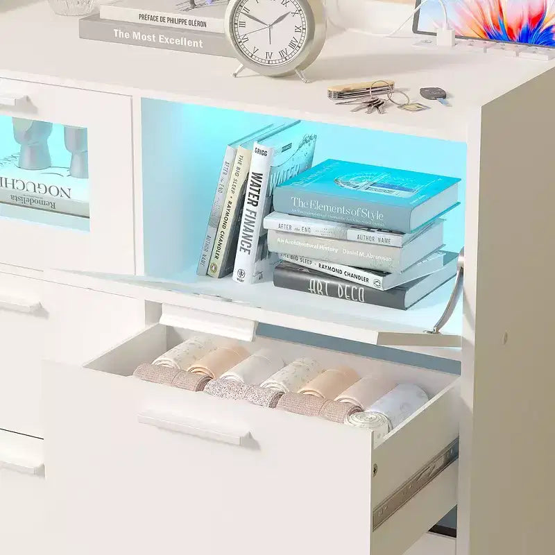 VECELO Cassettiera Bianca Alta Moderna da Trucco con Luci a LED e Stazione di Ricarica