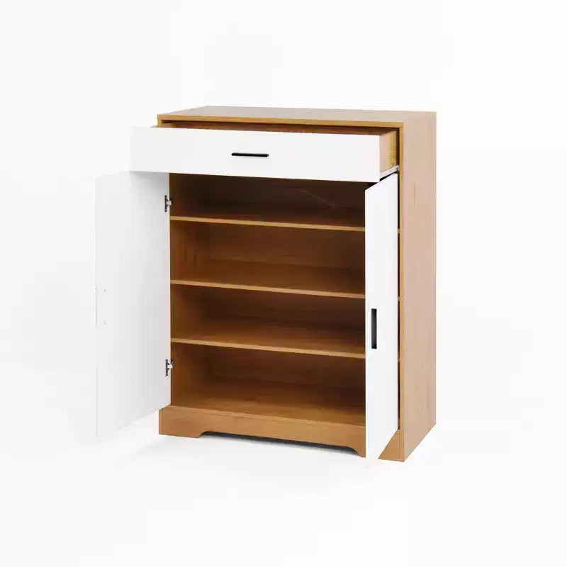 MAYEERTY Scarpiera, Scaffale a 4 Ripiani con 1 Cassetto, Mobile Contenitore Autoportante in Legno con 2 Ante Bianche e Ripiani Regolabili per Ingresso/Corridoio