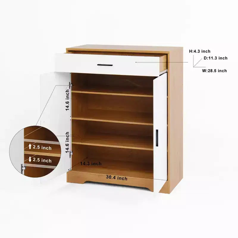 MAYEERTY Scarpiera, Scaffale a 4 Ripiani con 1 Cassetto, Mobile Contenitore Autoportante in Legno con 2 Ante Bianche e Ripiani Regolabili per Ingresso/Corridoio