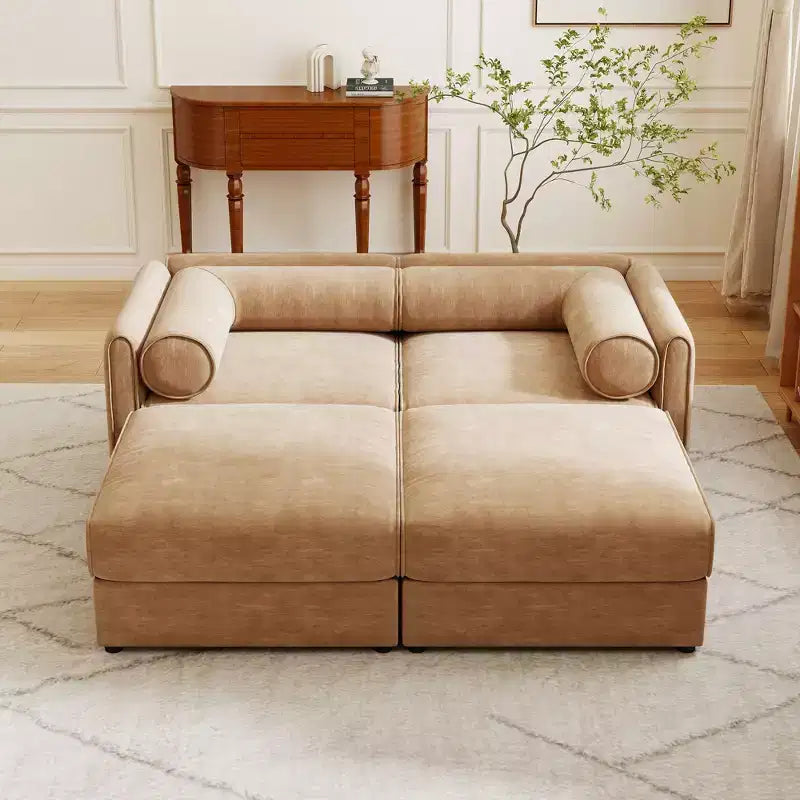 Stylish White Chenille 2-Seater Sofa with 2 Ottoman Storage Seat, Cylindrical Backrest and Armrests