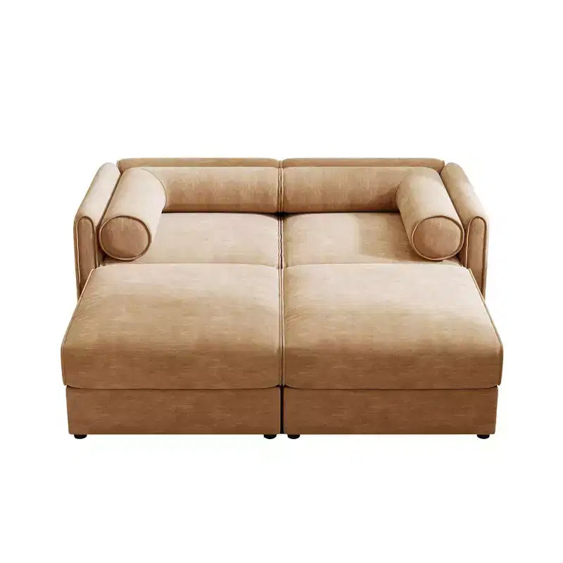 Stylish White Chenille 2-Seater Sofa with 2 Ottoman Storage Seat, Cylindrical Backrest and Armrests