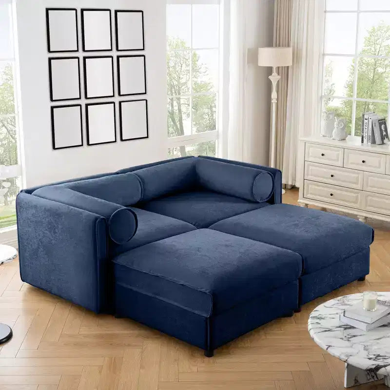 Stylish White Chenille 2-Seater Sofa with 2 Ottoman Storage Seat, Cylindrical Backrest and Armrests