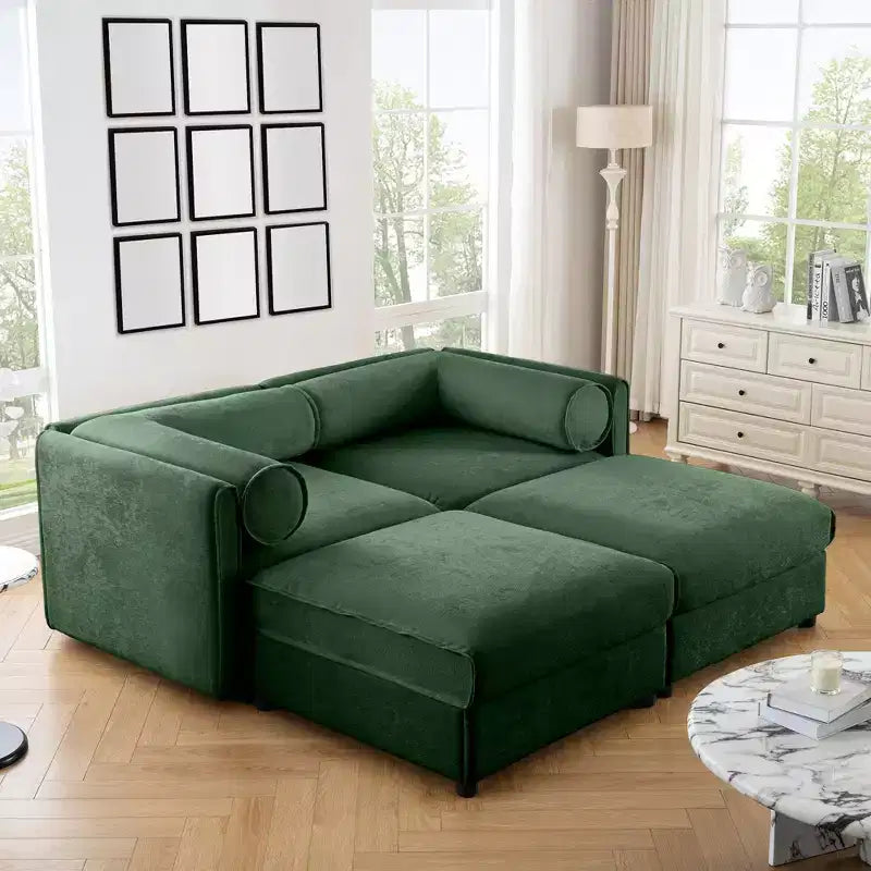 Stylish White Chenille 2-Seater Sofa with 2 Ottoman Storage Seat, Cylindrical Backrest and Armrests