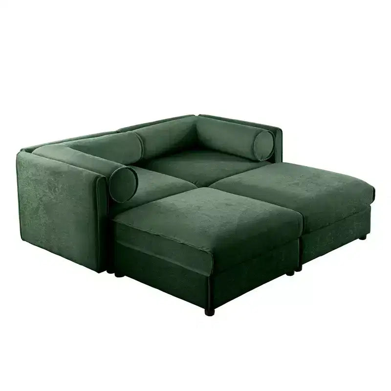 Stylish White Chenille 2-Seater Sofa with 2 Ottoman Storage Seat, Cylindrical Backrest and Armrests