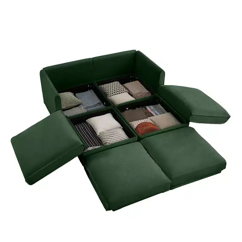 Stylish White Chenille 2-Seater Sofa with 2 Ottoman Storage Seat, Cylindrical Backrest and Armrests