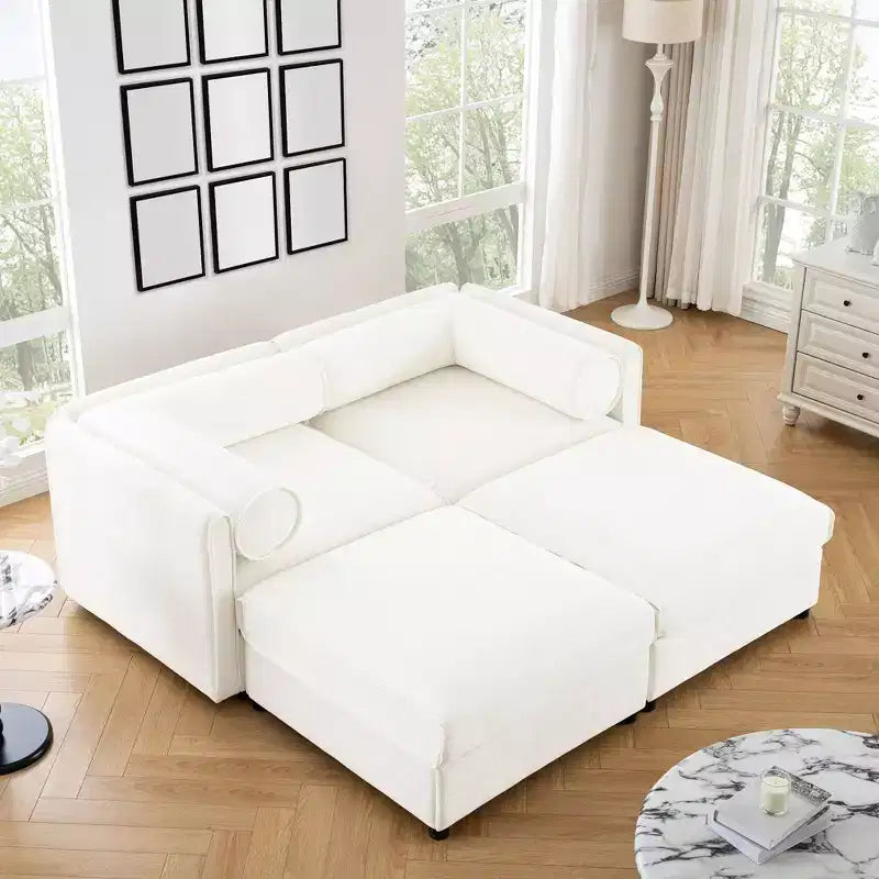 Stylish White Chenille 2-Seater Sofa with 2 Ottoman Storage Seat, Cylindrical Backrest and Armrests