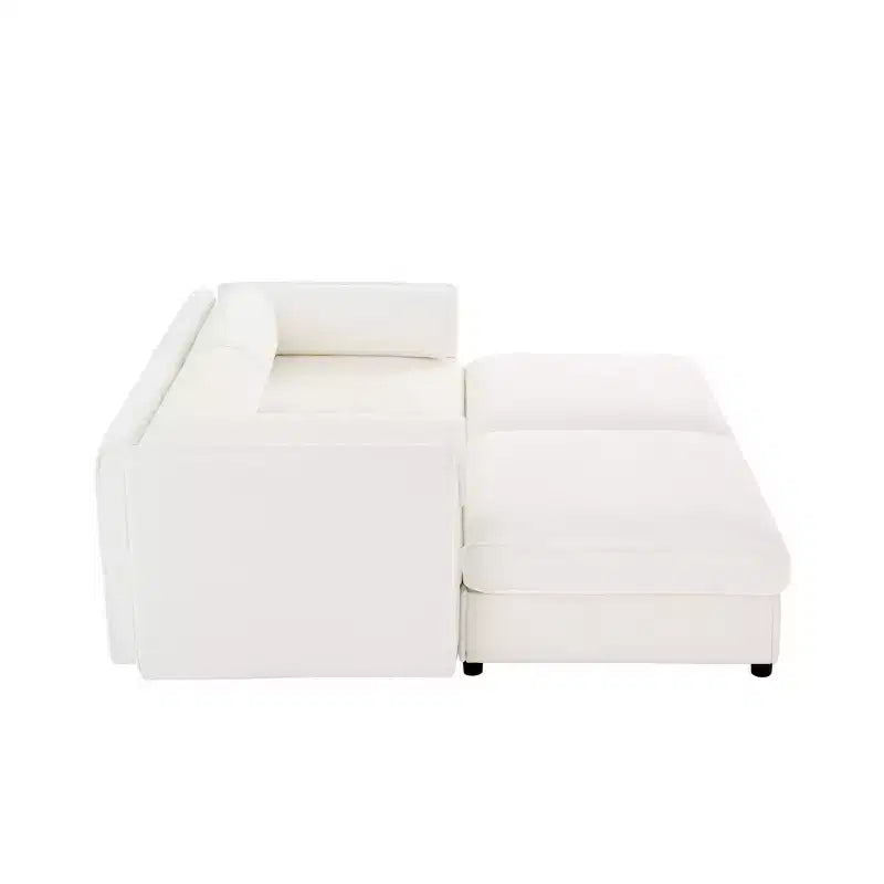 Stylish White Chenille 2-Seater Sofa with 2 Ottoman Storage Seat, Cylindrical Backrest and Armrests