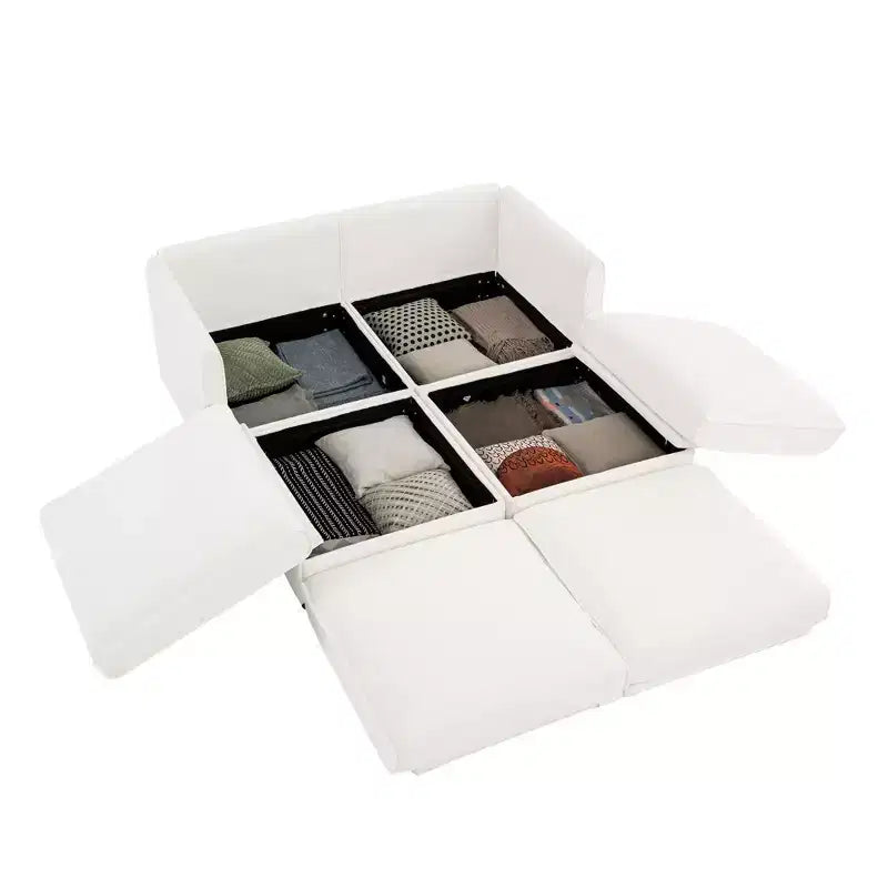 Stylish White Chenille 2-Seater Sofa with 2 Ottoman Storage Seat, Cylindrical Backrest and Armrests