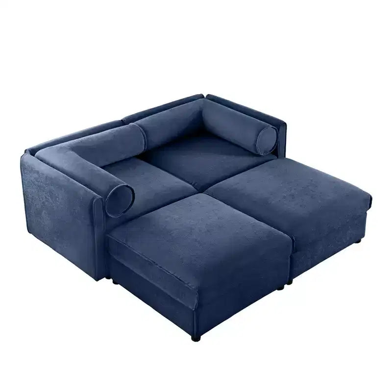 Stylish White Chenille 2-Seater Sofa with 2 Ottoman Storage Seat, Cylindrical Backrest and Armrests