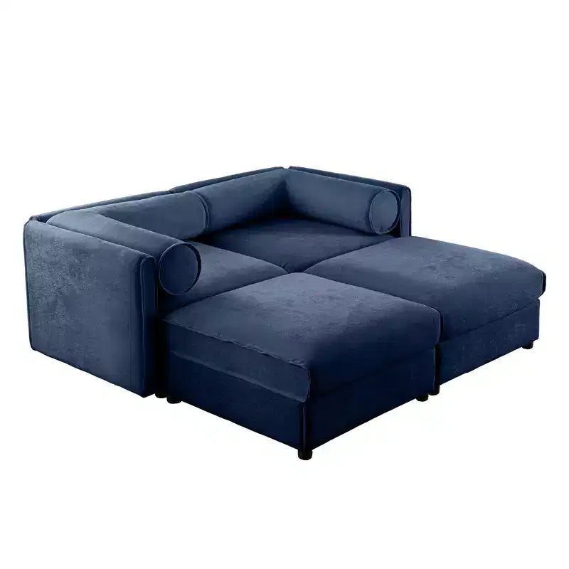 Stylish White Chenille 2-Seater Sofa with 2 Ottoman Storage Seat, Cylindrical Backrest and Armrests