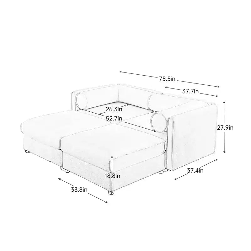 Stylish White Chenille 2-Seater Sofa with 2 Ottoman Storage Seat, Cylindrical Backrest and Armrests