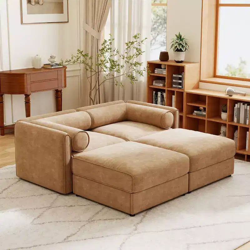 Stylish White Chenille 2-Seater Sofa with 2 Ottoman Storage Seat, Cylindrical Backrest and Armrests
