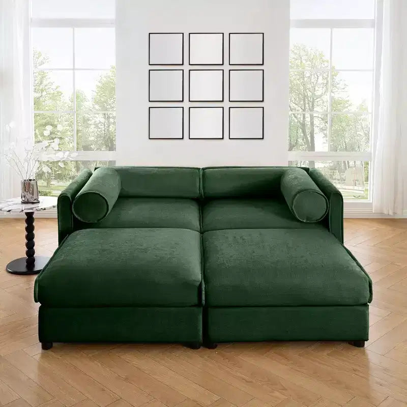 Stylish White Chenille 2-Seater Sofa with 2 Ottoman Storage Seat, Cylindrical Backrest and Armrests