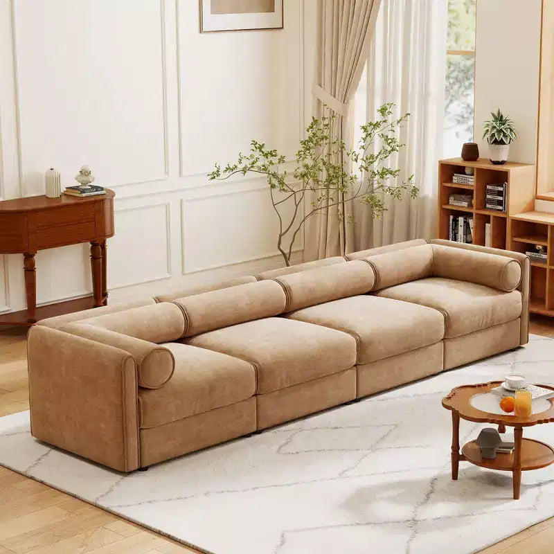 Divano componibile con contenitore, schienale e braccioli cilindrici, seduta profonda e confortevole, resistente e di supporto per il soggiorno